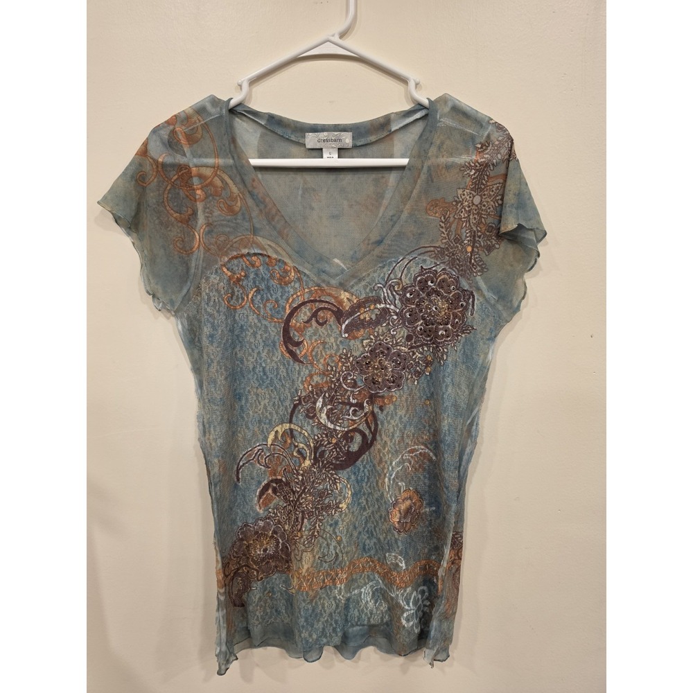 Y2K Womens L Sheer Mesh Floral Paisley Top Boho Hippie Earthy Layering